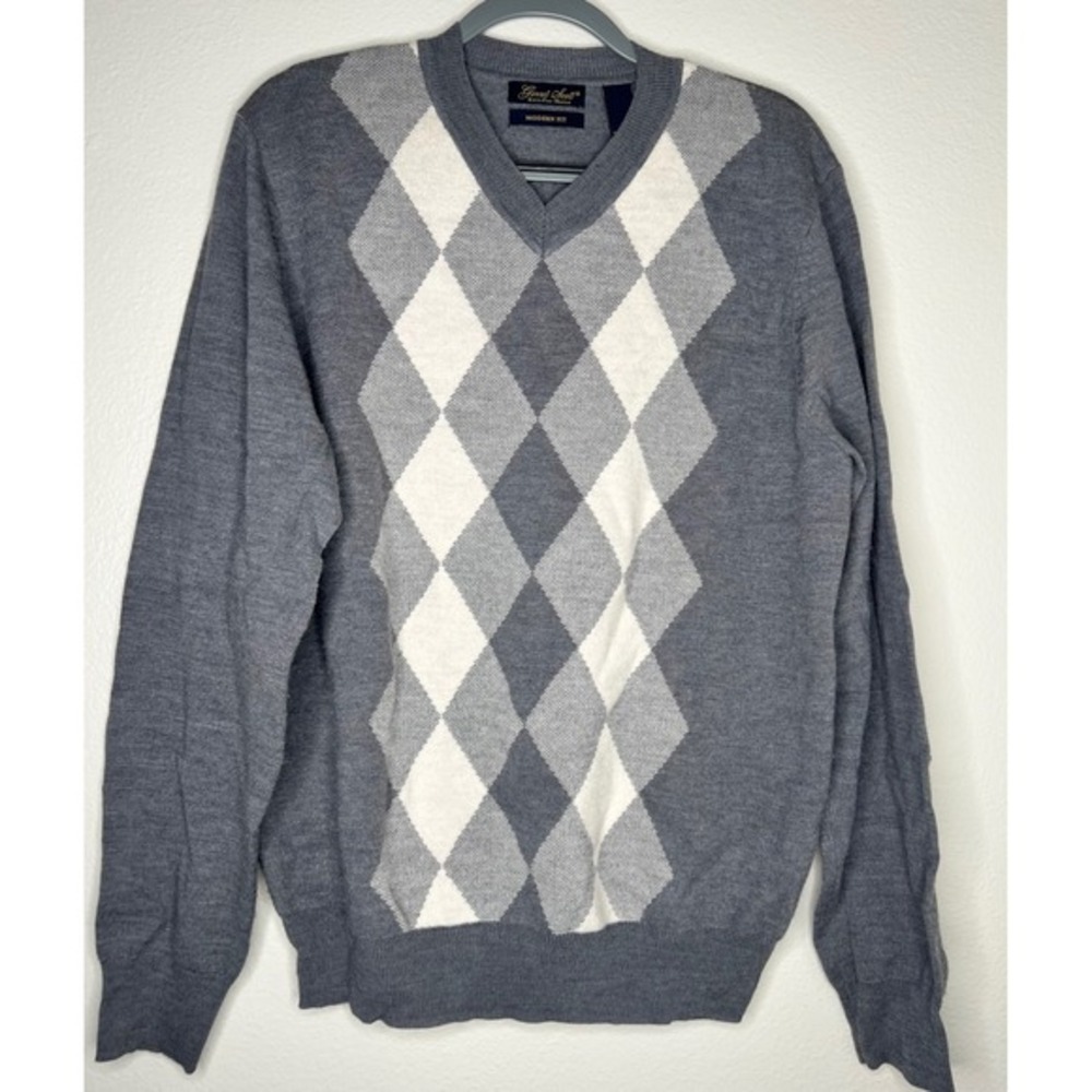 Garret Scott Mens V Neck Argyle‎ Sweater Extra Fine Merino Wool Modern Fit Large - Picture 2 of 7